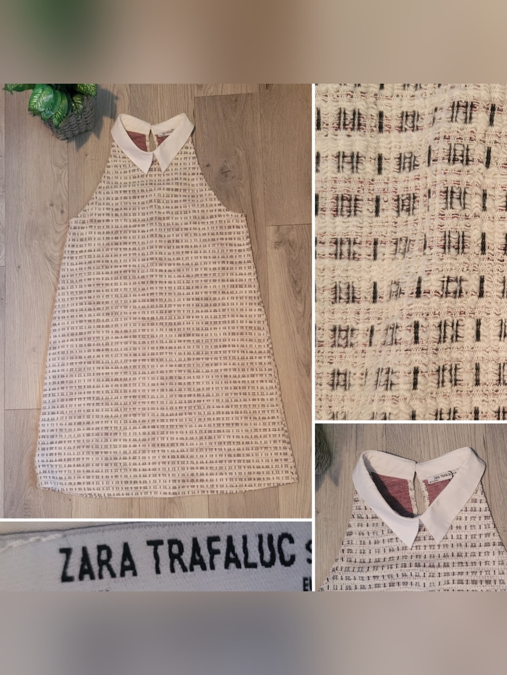 Zara Trafaluc Cream Tweed Sleeveless Shift Dress White Peter Pan Collar, Medium